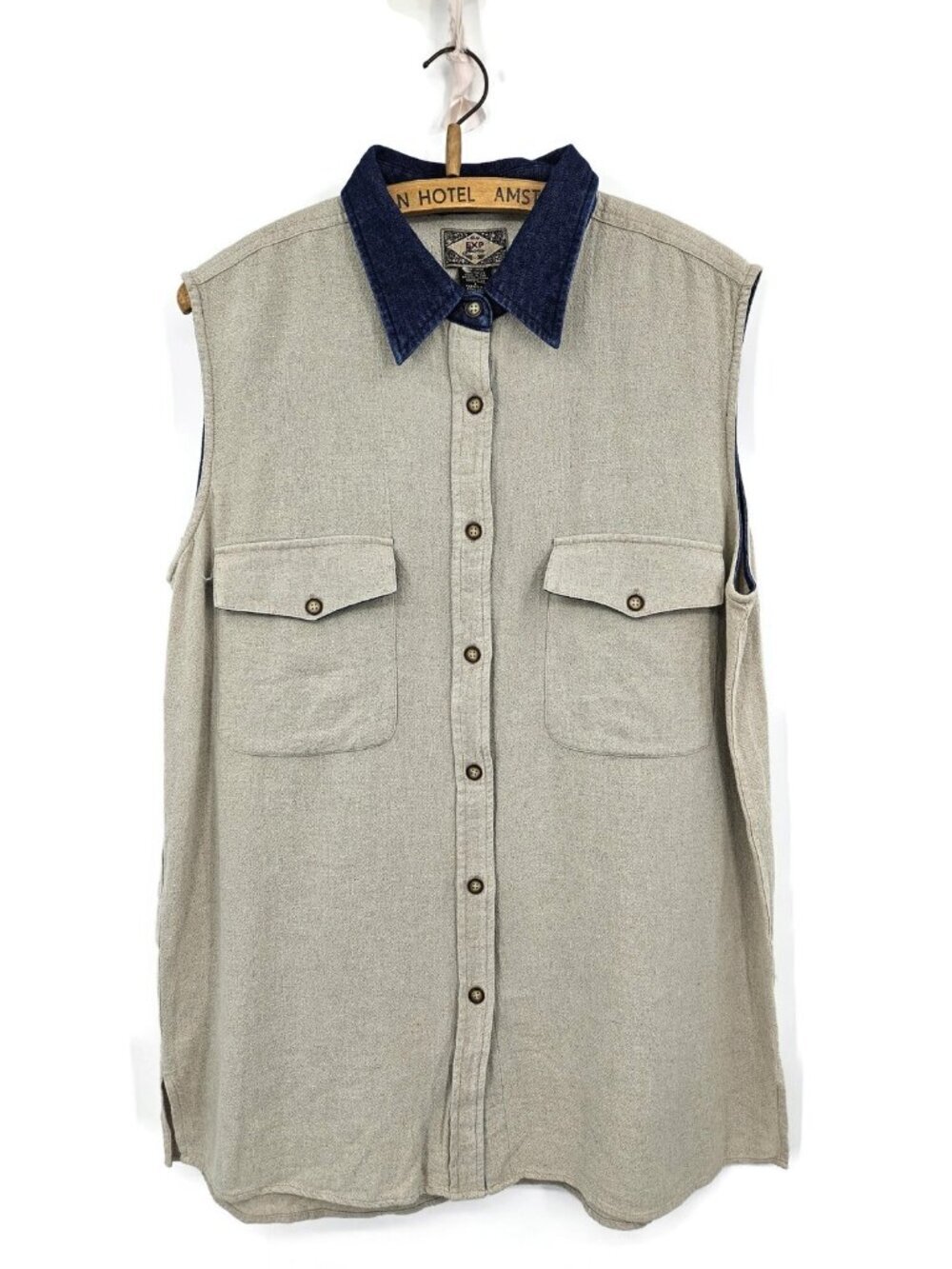 VTG Express EXP Jeans Sleeveless Linen Rayon Shirt Womens L Denim Beige 90s